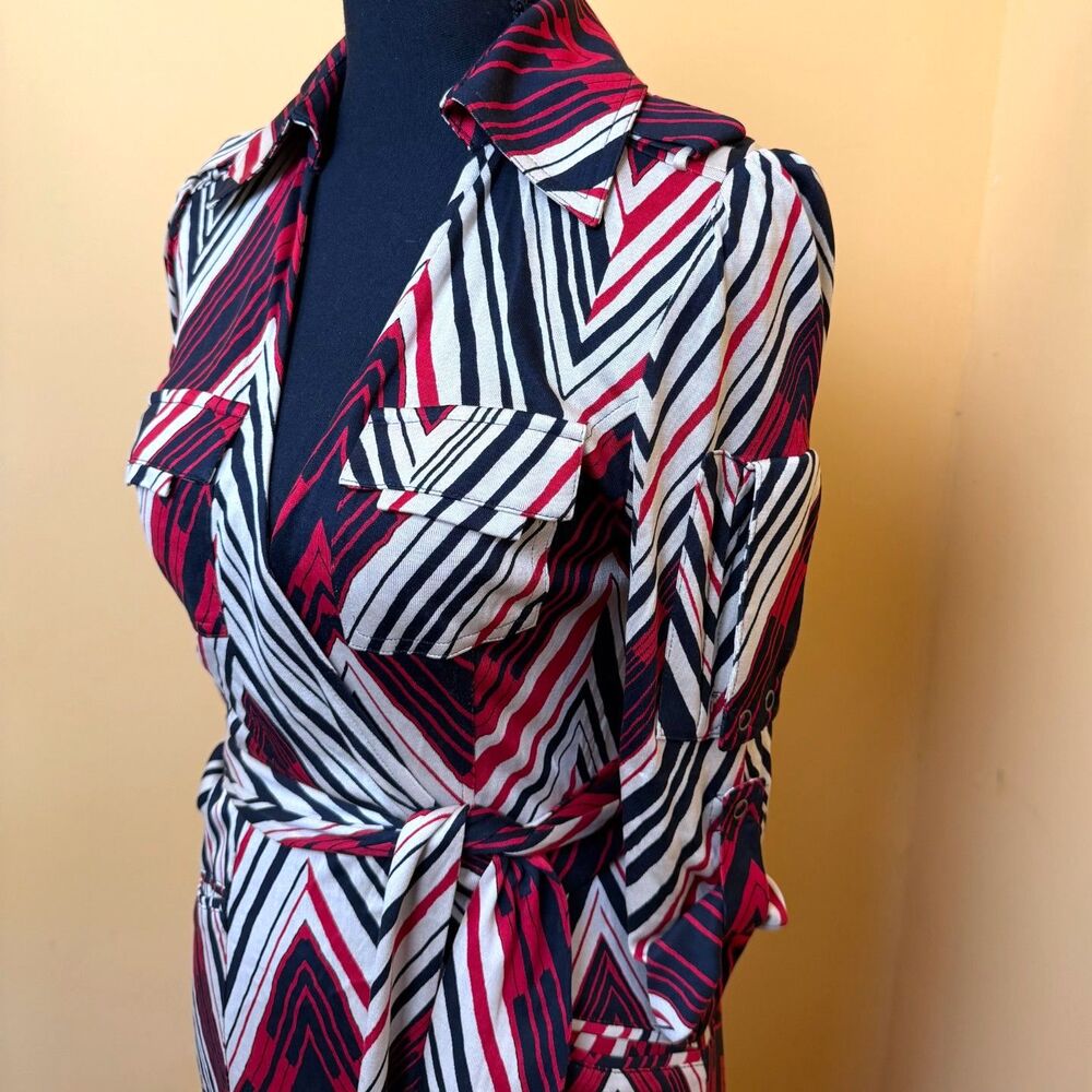 Vtg Y2K Diane von Furstenberg Silk Utility Wrap Dress Chevron Geometric Red 8 - Picture 2 of 8